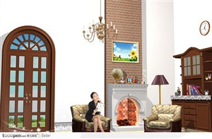 韩国室内静物－－欧式门 水晶吊灯和坐在沙发上的美女