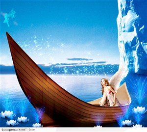 在梦幻冰川里的尖头船和梦幻仙子