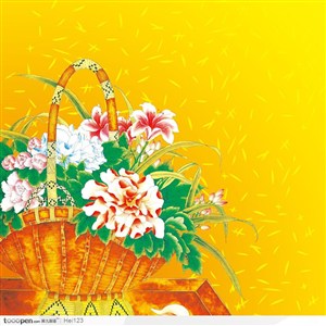 中国工笔画－－花篮子里的富贵牡丹花和百合花