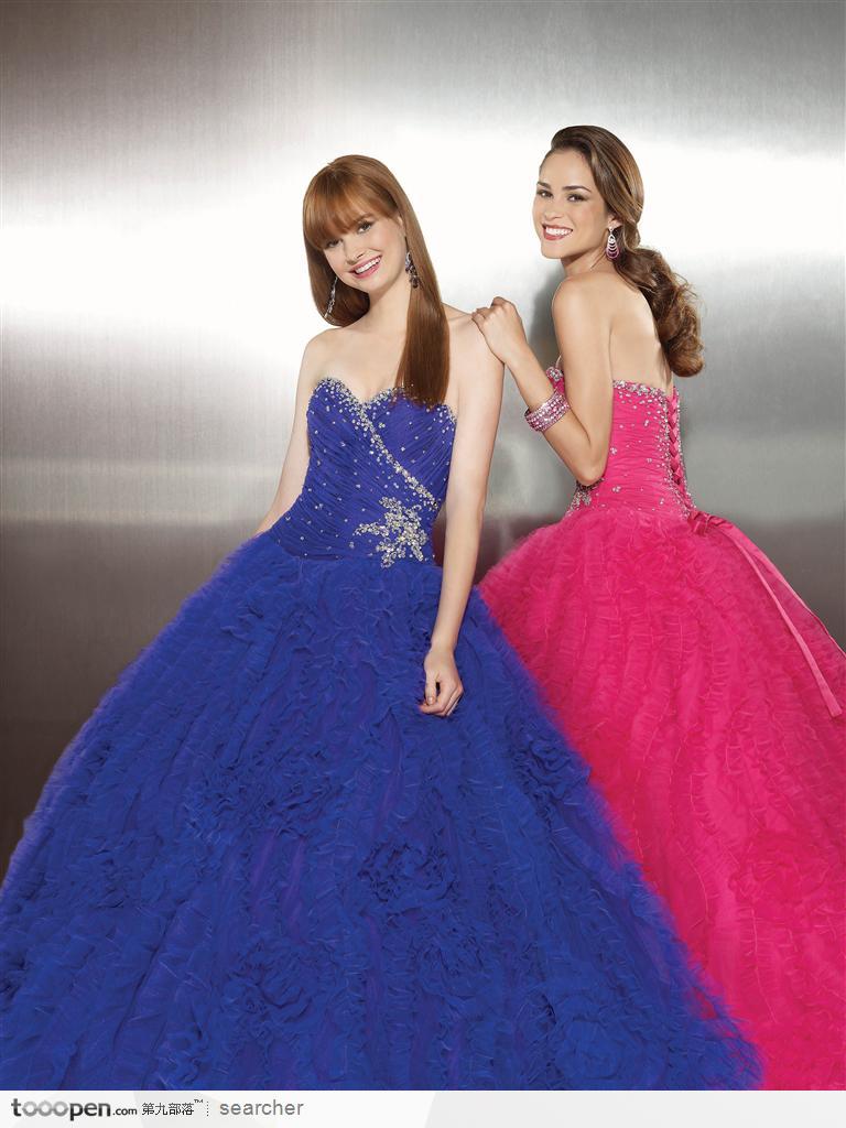 婚纱晚礼服和高贵气质美女－蓝色与红色晚宴礼服