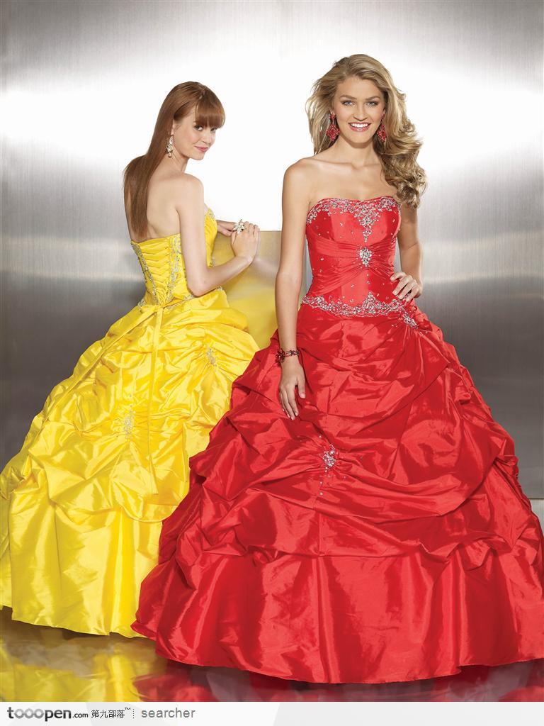 婚纱晚礼服和高贵气质美女－红色与黄色晚宴礼服