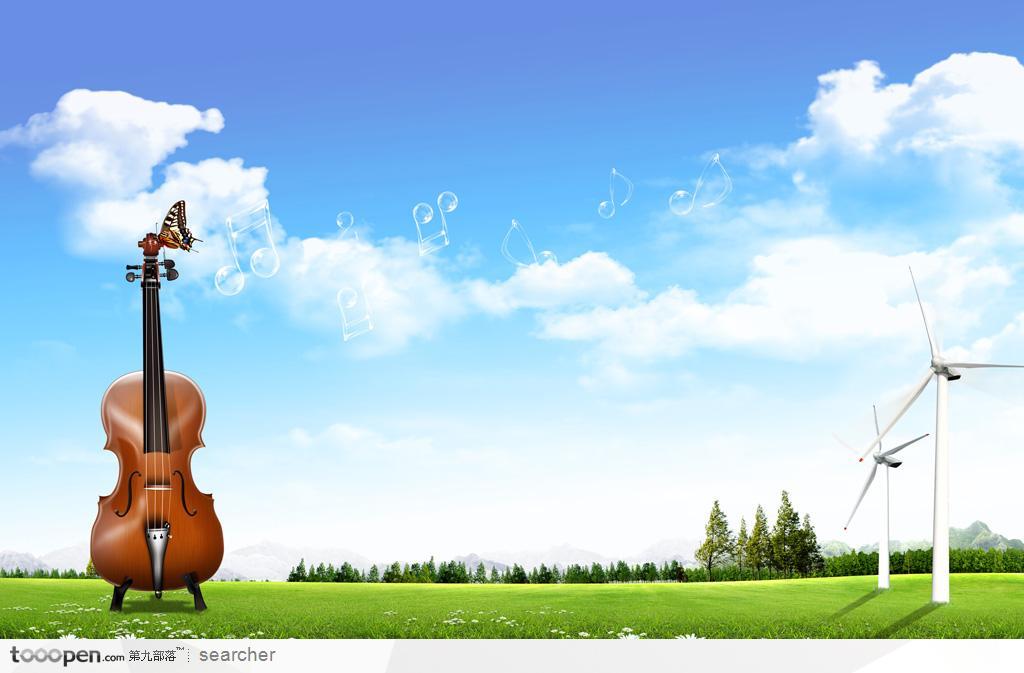 音乐主题海报广告素材：草地上的小提琴和水晶音乐符号