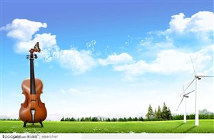 音乐主题海报广告素材：草地上的小提琴和水晶音乐符号