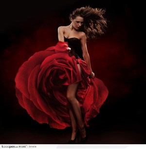 舞动红色玫瑰裙跳踢踏舞的美女