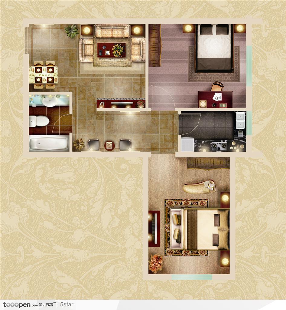 房地产三室一厅户型效果渲染图