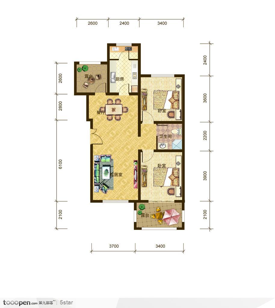 房地产二室二厅户型平面效果图