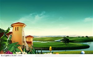 房地产别墅广告－－西班牙别墅和高尔夫球场