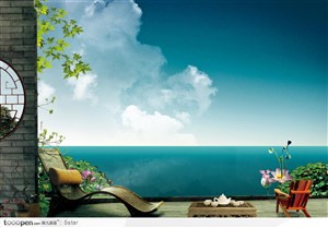 房地产广告素材－－湖 休闲椅和茶具
