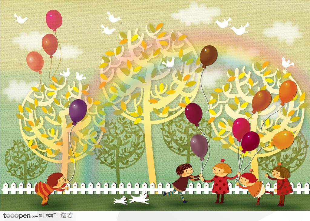 手绘快乐的拿着彩色气球的可爱儿童节日海报