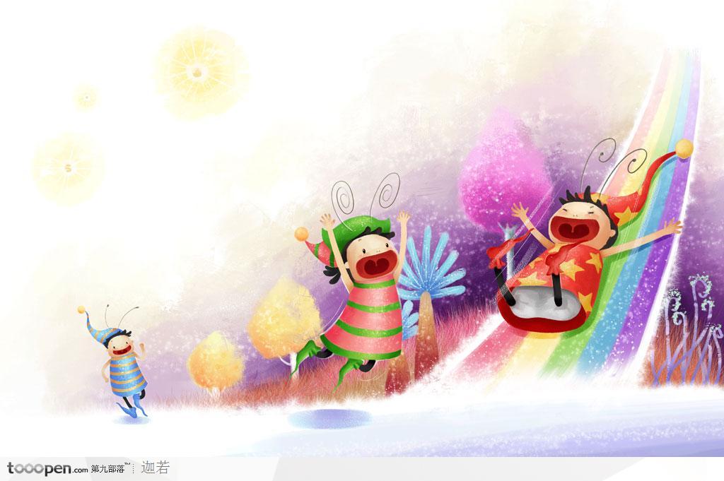 手绘乘着彩虹滑梯游戏的快乐儿童节主题海报