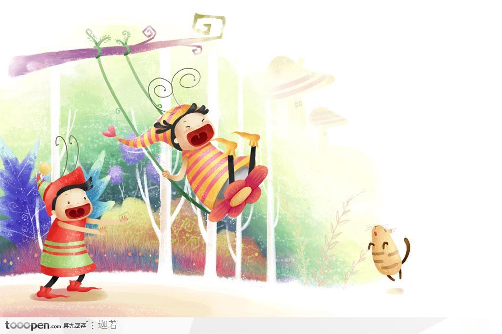 手绘树林里快乐荡秋千的儿童节日封面海报