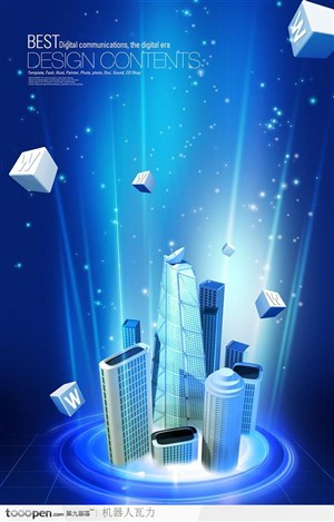 创意商业设计-蓝色科技背景与大厦