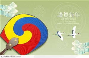 韩国传统明信片贺卡元素-谨贺新年韩国手绘仙鹤蒲扇扇子