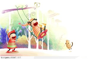 手绘树林里快乐荡秋千的儿童节日封面海报