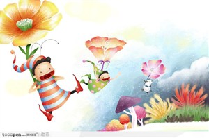 手绘乘着漂亮的花朵飞翔的儿童趣味节日主题海报