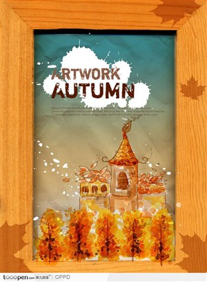 韩国传统贺卡明信片-黄色秋季木质相框手绘水彩城堡树林