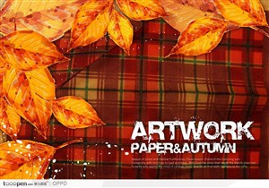 韩国传统贺卡明信片-黄色秋季手绘水彩秋叶红绿格纹布料