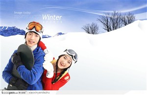 滑雪运动冬季旅游宣传素材之相依的情侣