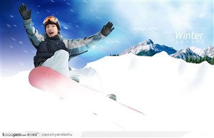 滑雪运动冬季旅游宣传素材之雪山顶上的滑雪男孩