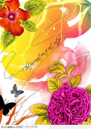手绘花纹-水彩画背景上的彩绘牡丹花