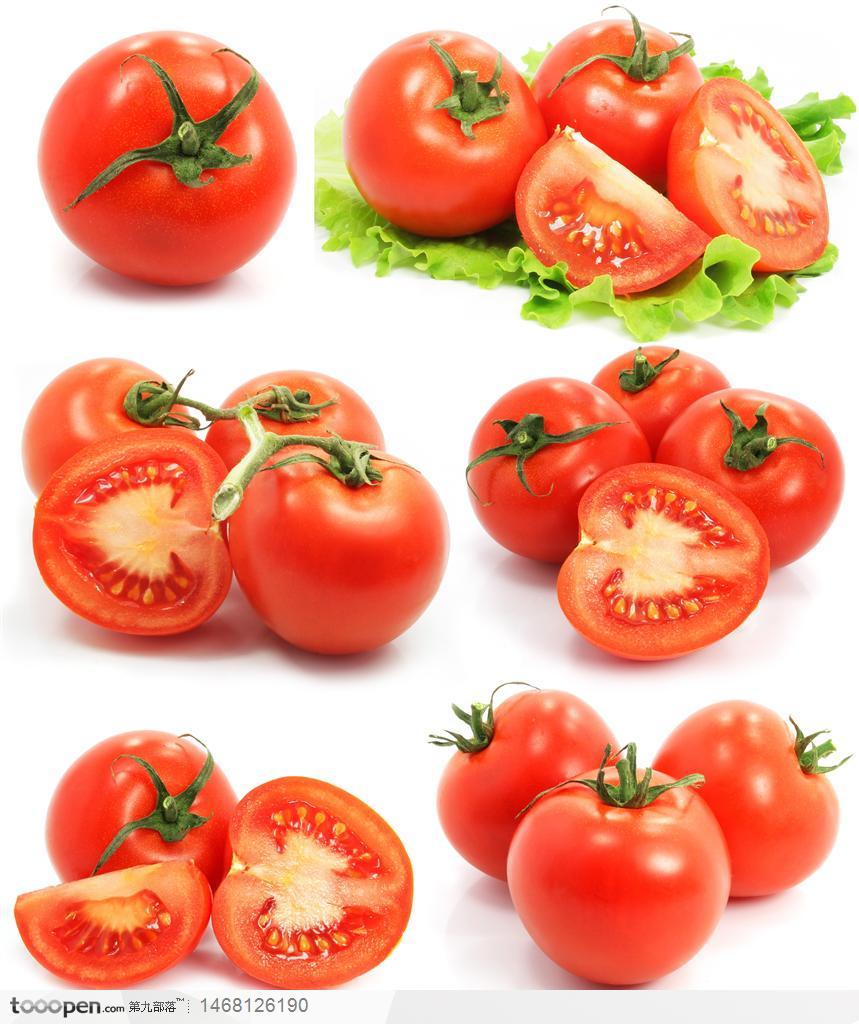 诱人的番茄单个特写和切开的番茄