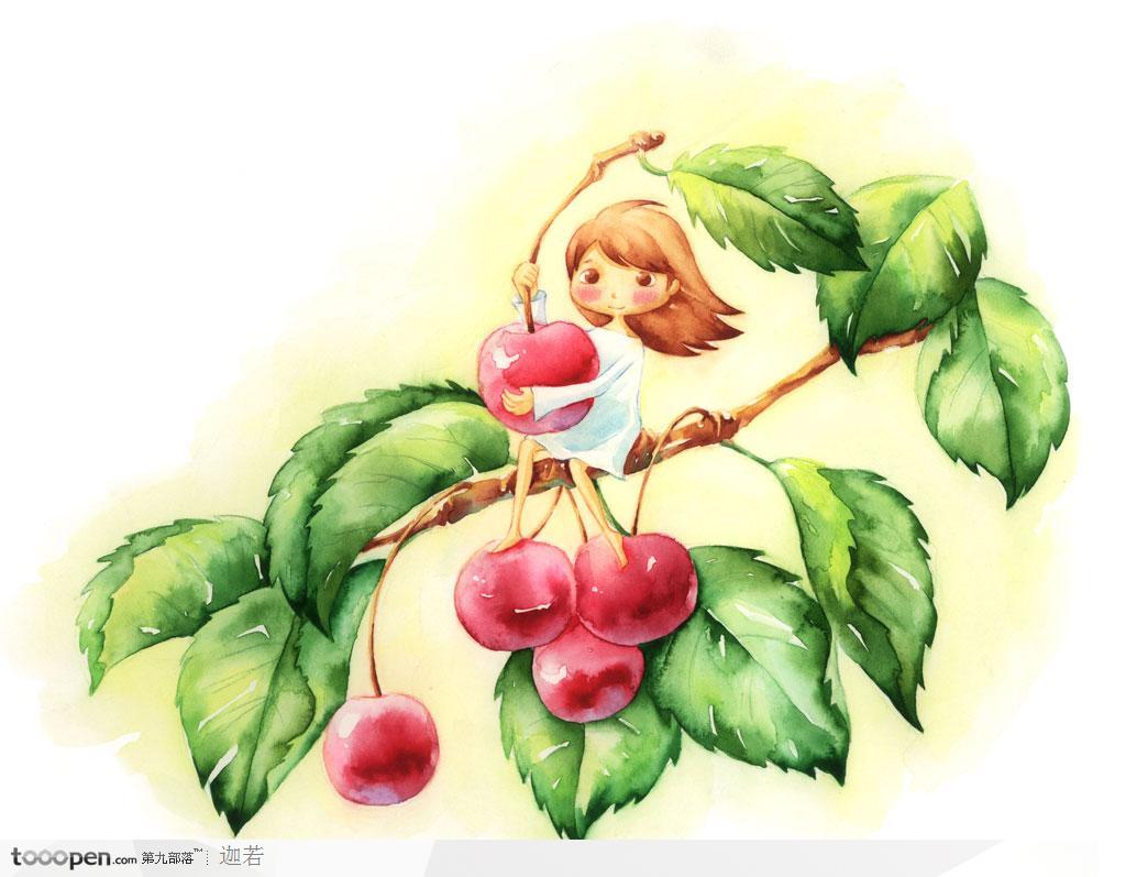 手绘抱着红色樱桃的小女孩