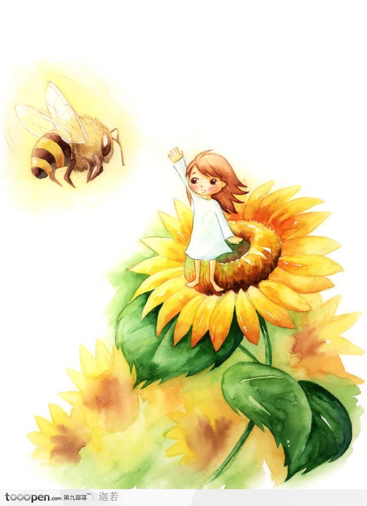 手绘站在黄色向日葵上和蜜蜂招手的小女孩