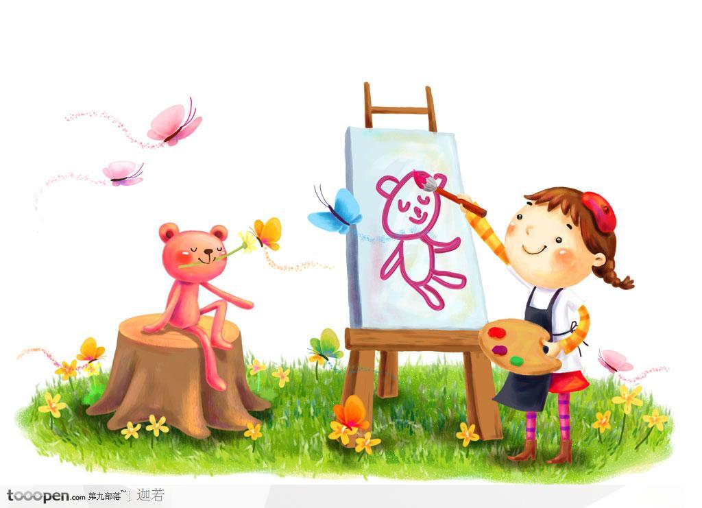 手绘在画板上画熊娃娃的小女孩