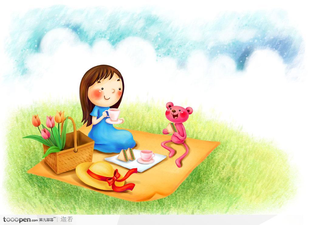 手绘坐在野餐布上和熊娃娃一起野餐的小女孩