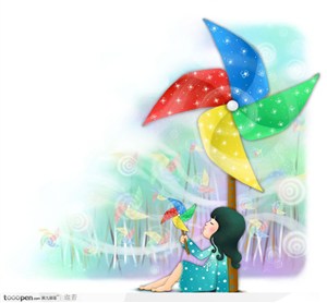 手绘坐在彩色大风车下拿着小风车玩耍的小女孩