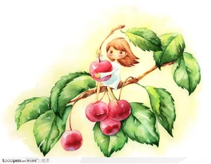 手绘抱着红色樱桃的小女孩