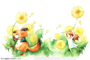 手绘和小狐狸举着蒲公英玩耍的小女孩