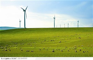 蓝天下草原上的羊群风力发电