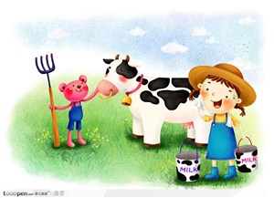 手绘大草原牧场上的儿童和奶牛