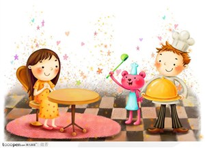 手绘坐在餐桌旁的小女孩和端着菜肴的厨师