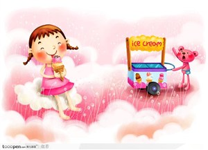手绘正在吃冰激凌的小女孩和推着冰激凌车的熊仔