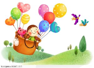 手绘乘着气球旅行的小女孩和熊仔