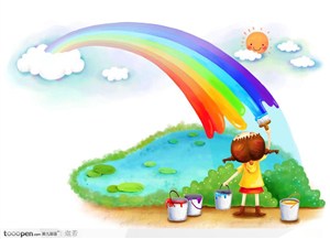 手绘拿着刷子画出彩虹的小女孩