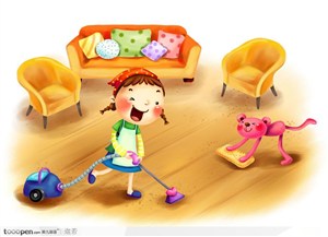 手绘拿着吸尘器在客厅里和熊娃娃一起打扫卫生的小女孩