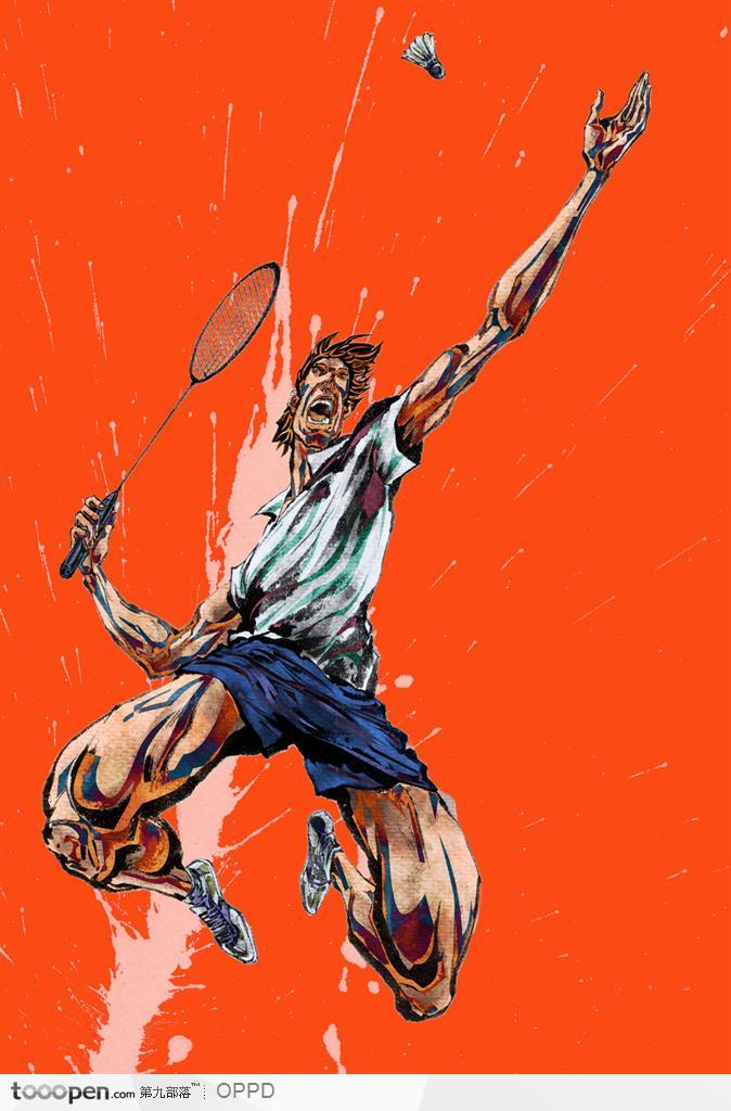 体育馆运动中心展板-手绘水彩国家级羽毛球运动员接球