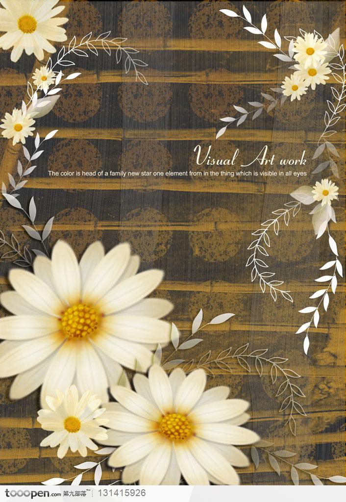 手绘花纹-手绘复古传统花纹背景上的手绘白色菊花