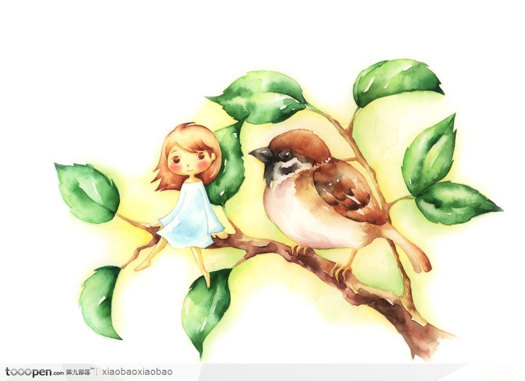 手绘童话素材树枝上的拇指姑娘和小燕子