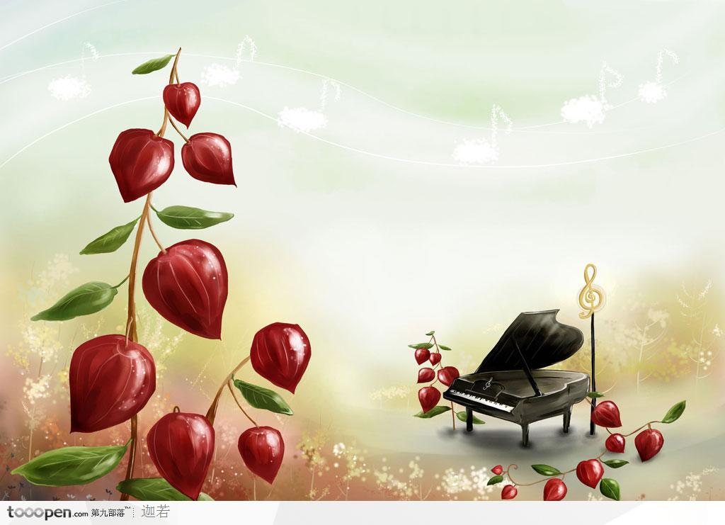 手绘钢琴和红色心形果子