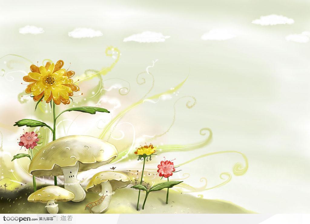 手绘花卉和白色蘑菇