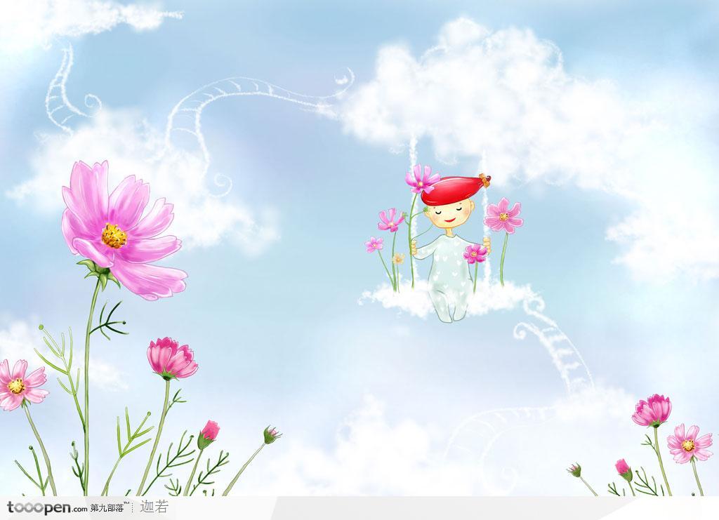 手绘花卉和坐在白云秋千上的小精灵