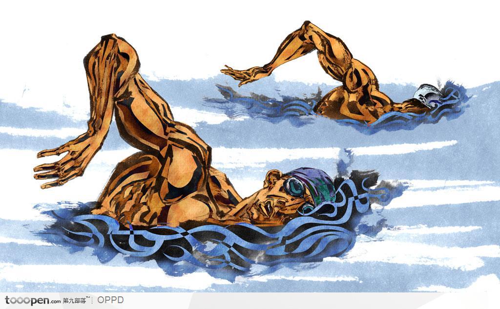 体育馆运动中心展板-手绘水彩国家级游泳运动员男子50米