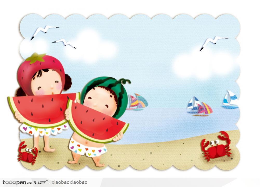 手绘插画风格度假宣传设计素材之沙滩上吃西瓜的小朋友