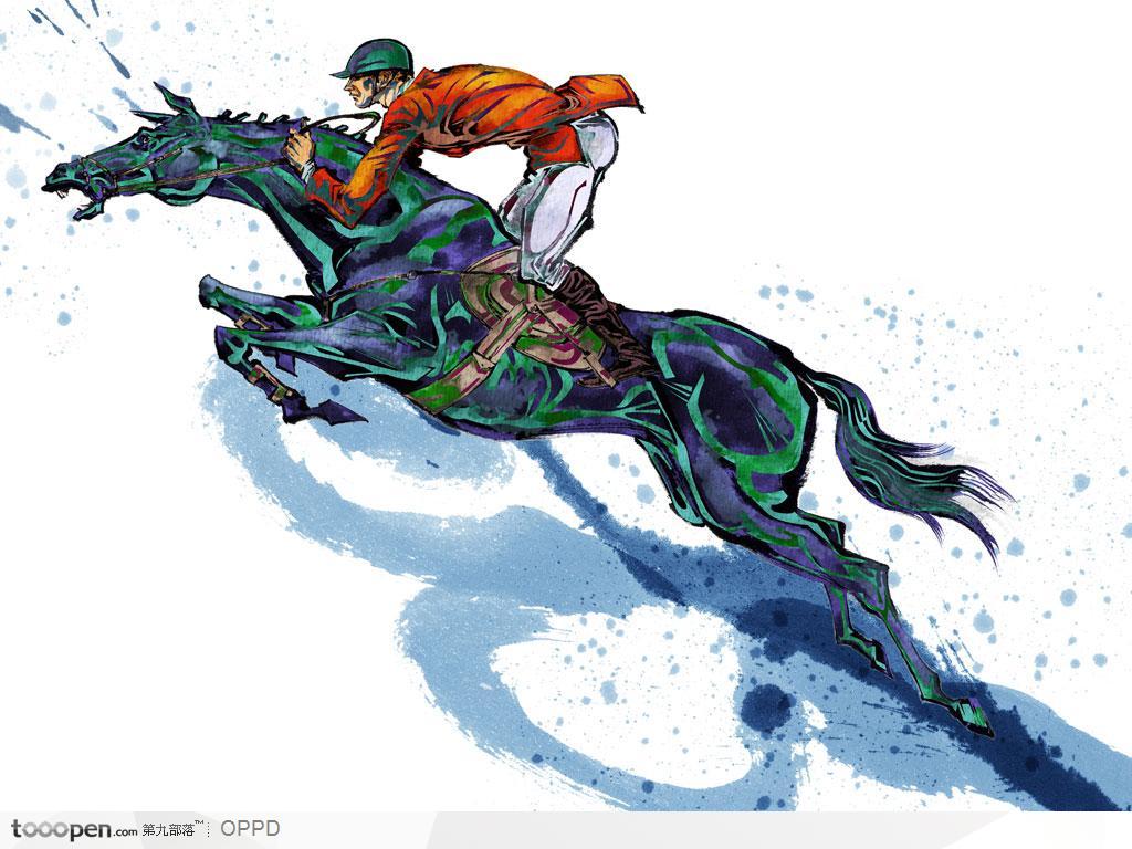 手绘水彩国家级男子花式骑术矢量人物图