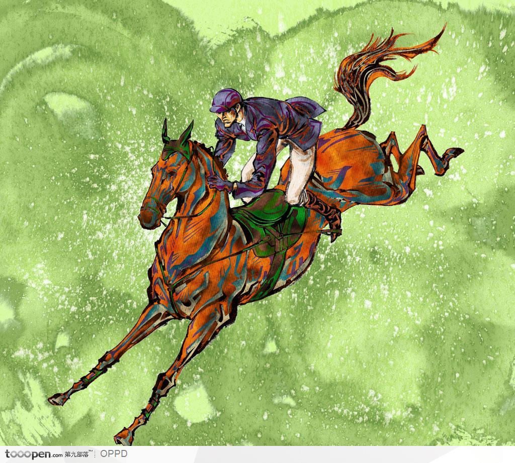 体育馆运动中心展板-手绘水彩国家级男子花式骑术骑马师