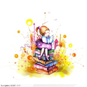 手绘坐在彩色书本上拿着书本阅读的小女孩